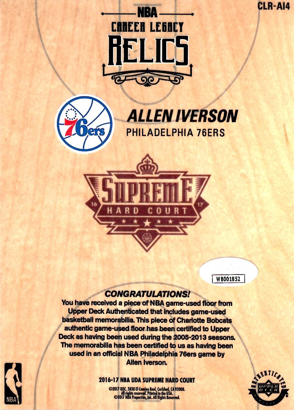 Allen Iverson signed game used worn Upper Deck Supreme Hard Court 76ers JSA