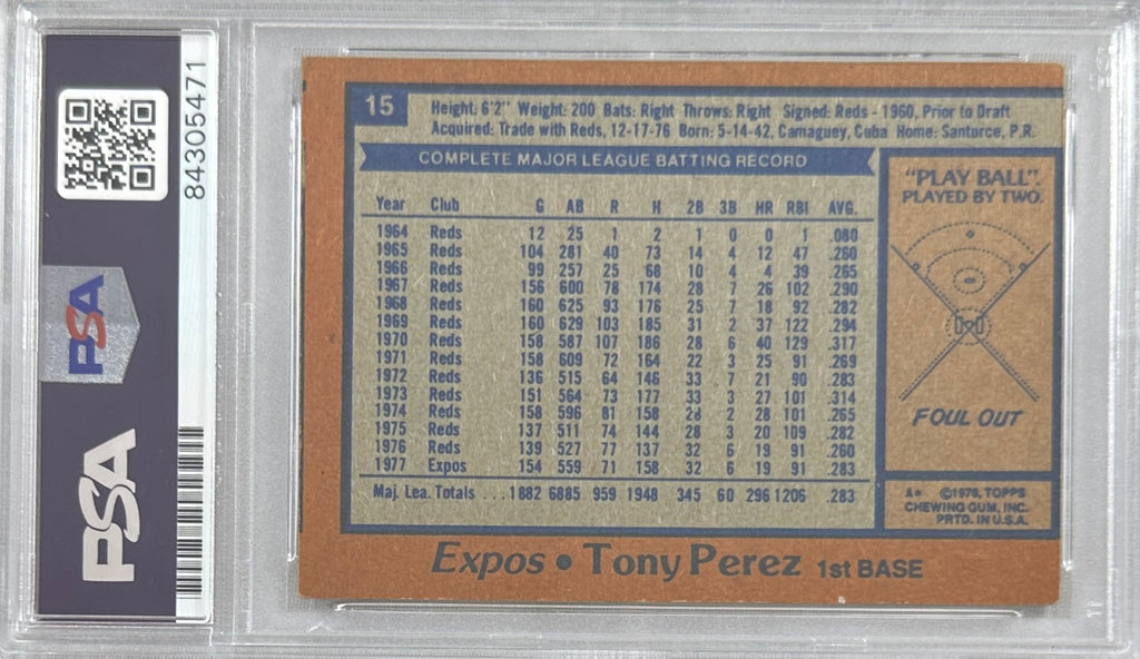 Tony Perez auto card topps 1978 #15 St. Montreal Expos PSA Encapsulated