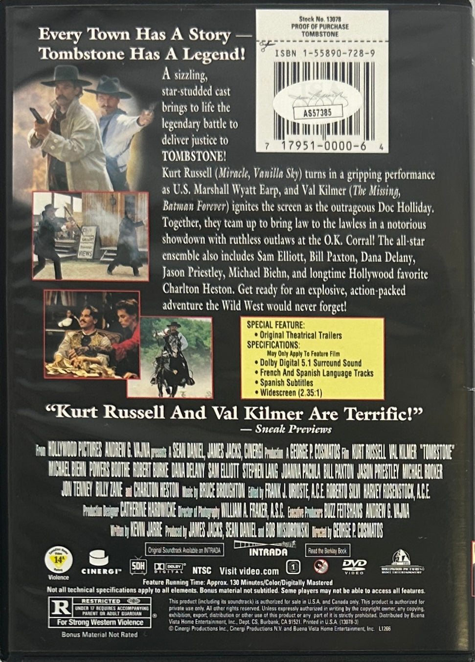 Val Kilmer autographed signed Tombstone DVD cover JSA COA