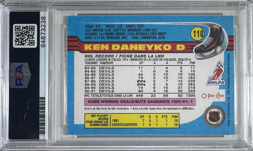 Ken Daneyko auto insc 1991 O-Pee-Chee #118 RC PSA Encap GEM Mint 10 Devils