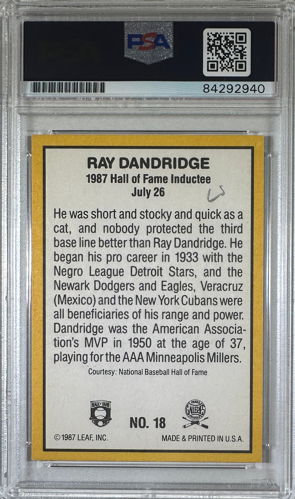 Ray Dandridge auto signed card 1987 Leaf #18 MLB PSA Encapsulated