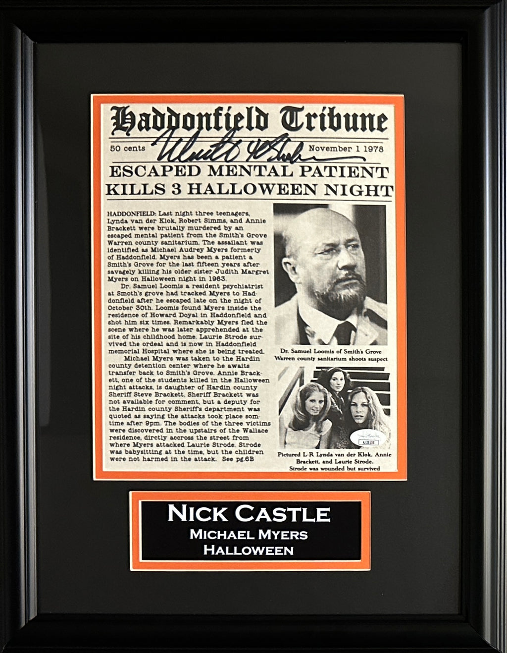 Nick Castle autographed signed inscribed framed 8x10 newspaper Halloween JSA COA