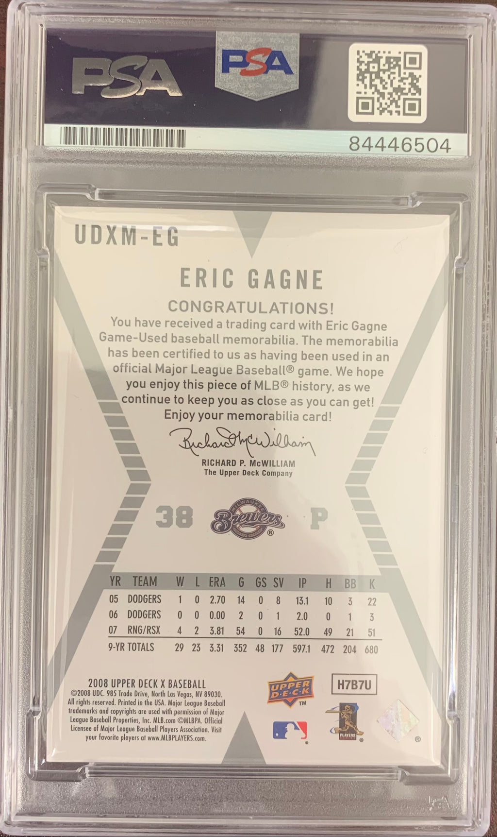 Eric Gagne auto card game used 2008 Upper Deck LA Dodgers PSA Encapsulated