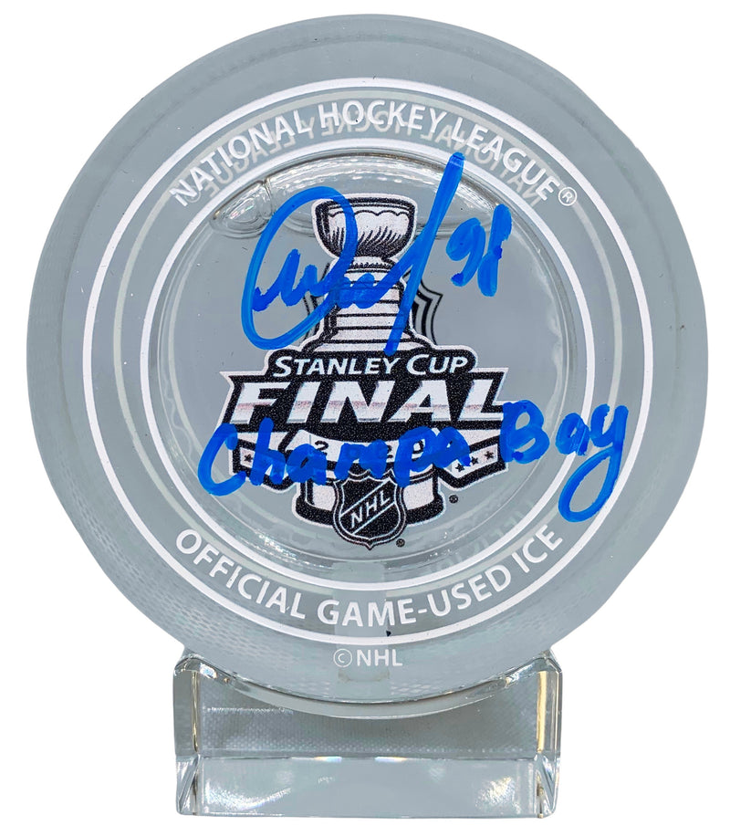 Mikhail Sergachev signed inscribed Stanley Cup Game Used Ice Puck Lightning JSA