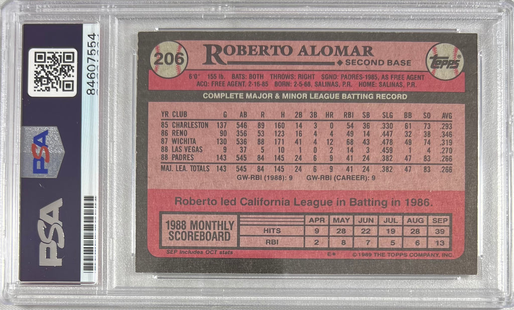 Roberto Alomar auto 1989 Topps RC #206 MLB San Diego Padres PSA Encapsulated