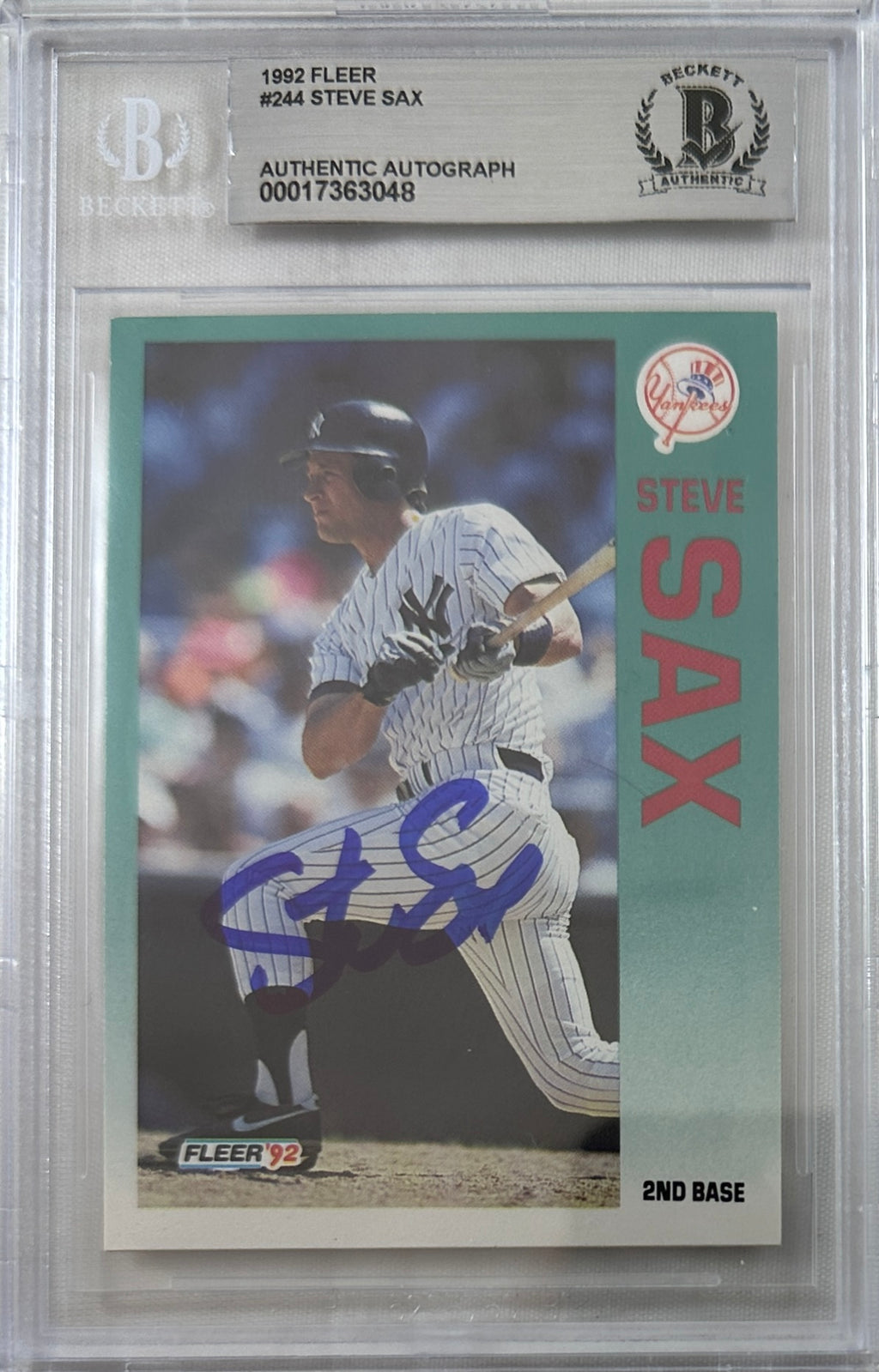 Steve Sax auto signed card 1992 Fleer #244 MLB New York Yankees BAS Encap