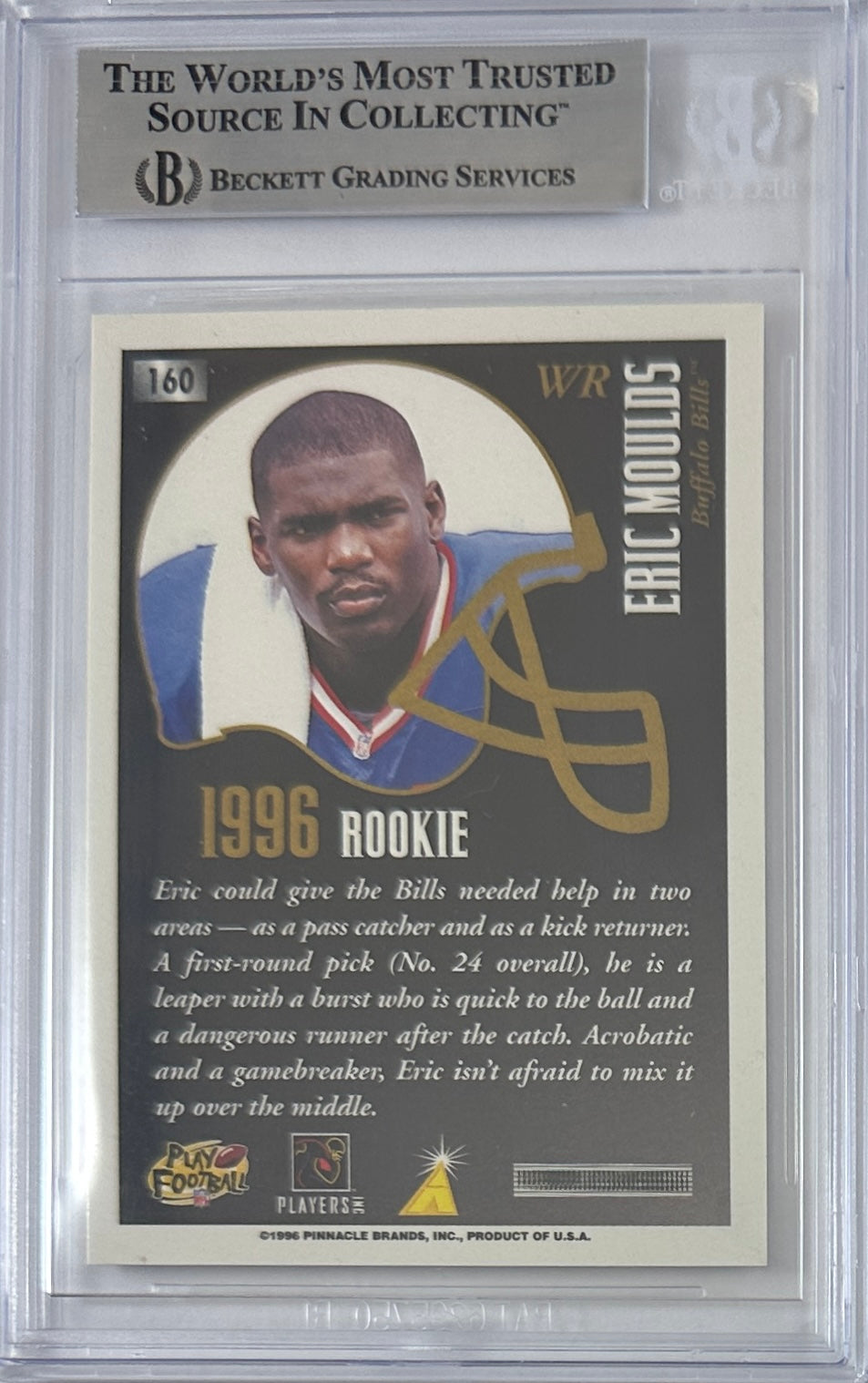 Eric Moulds autographed signed Pinnacle 1996 #160 Buffalo Bills BAS Encap RC