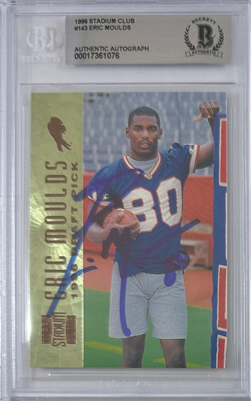 Eric Moulds autographed signed Topps 1996 #143 Buffalo Bills BAS Encap RC