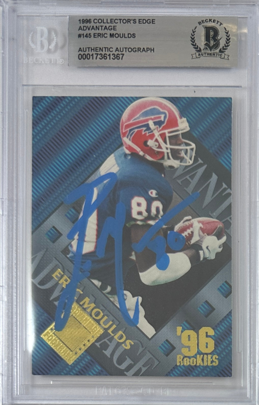 Eric Moulds auto signed Collectors Edge #145 1996 Buffalo Bills BAS Encap RC
