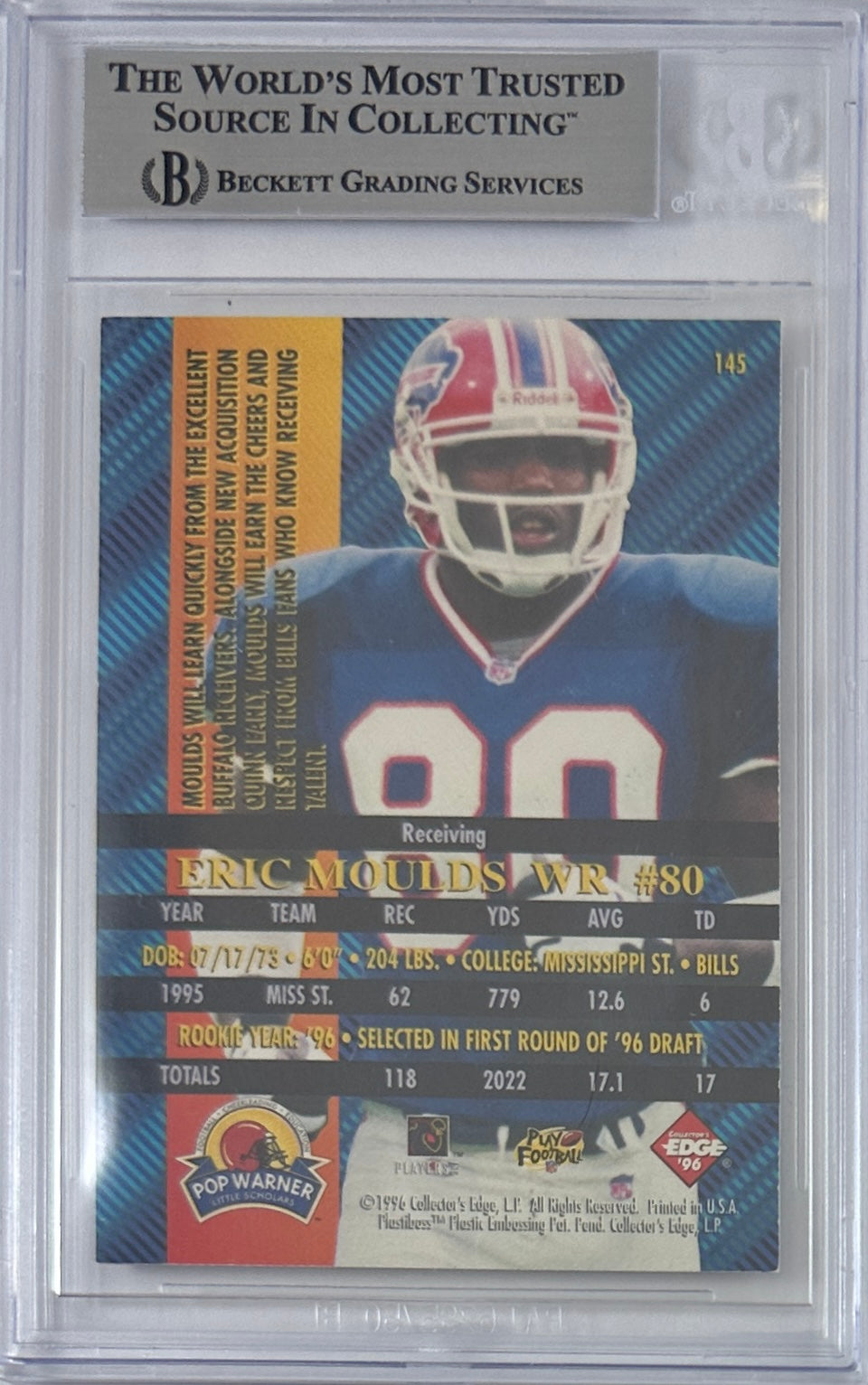 Eric Moulds auto signed Collectors Edge #145 1996 Buffalo Bills BAS Encap RC