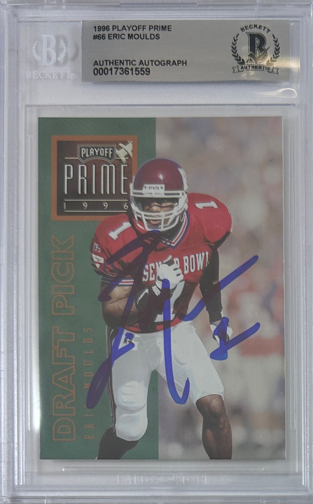 Eric Moulds autographed signed Playoff #66 1996 Buffalo Bills BAS Encap RC