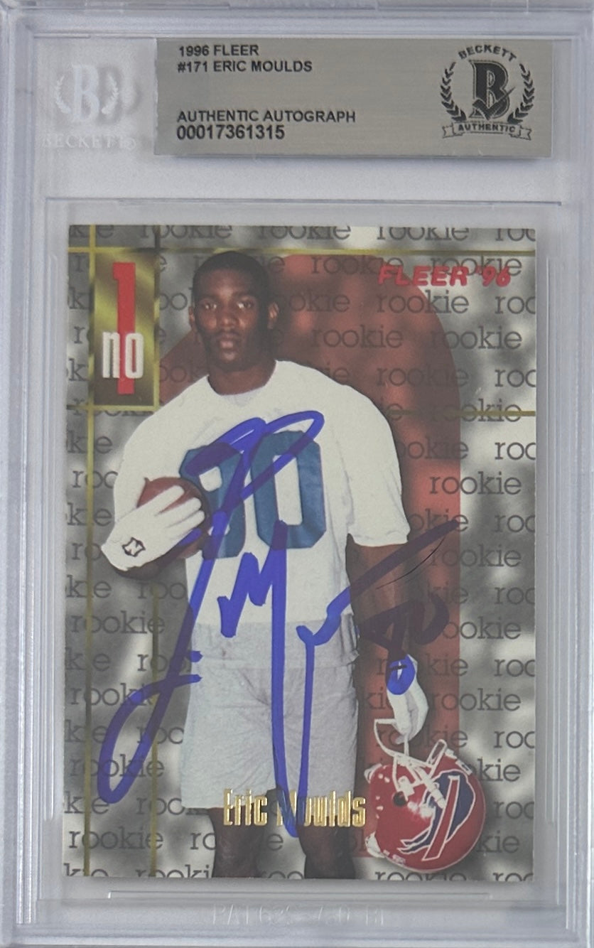 Eric Moulds autographed signed Skybox 1996 #171 Buffalo Bills BAS Encap RC