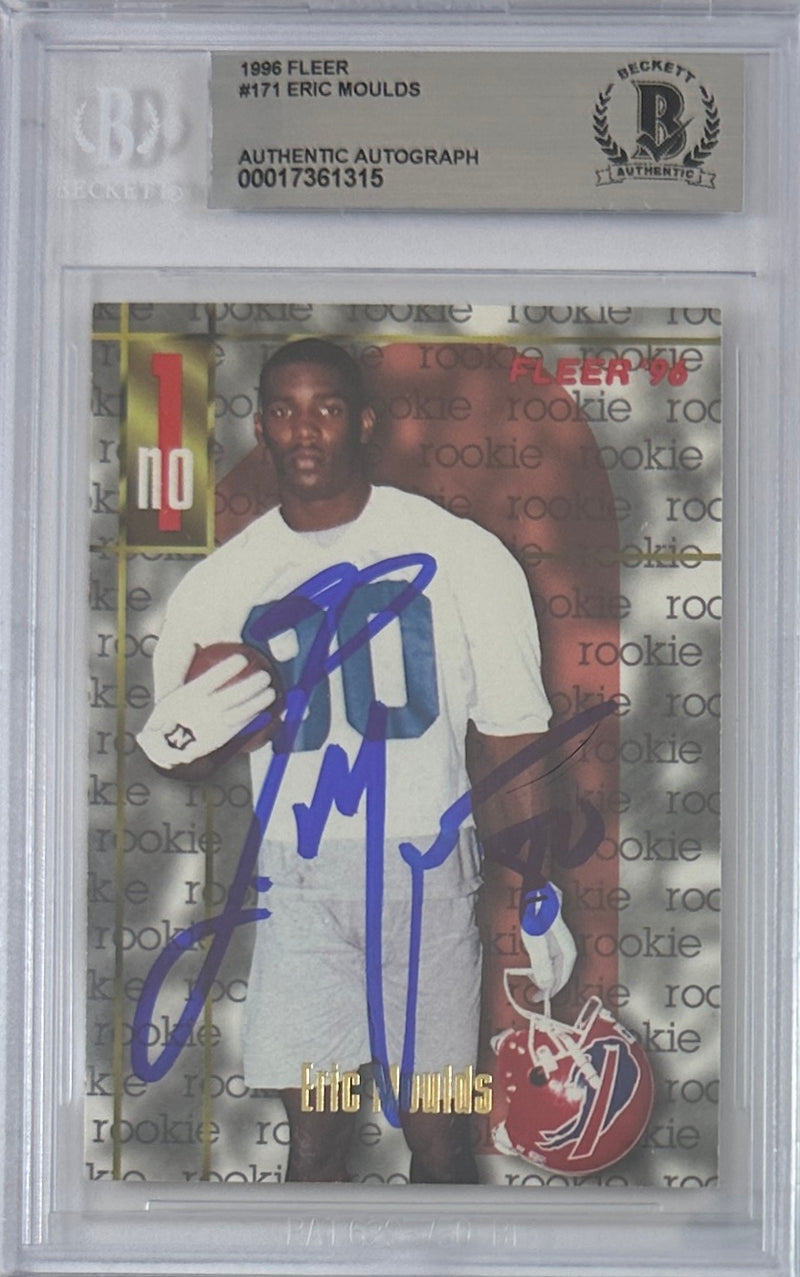 Eric Moulds autographed signed Skybox 1996 #171 Buffalo Bills BAS Encap RC
