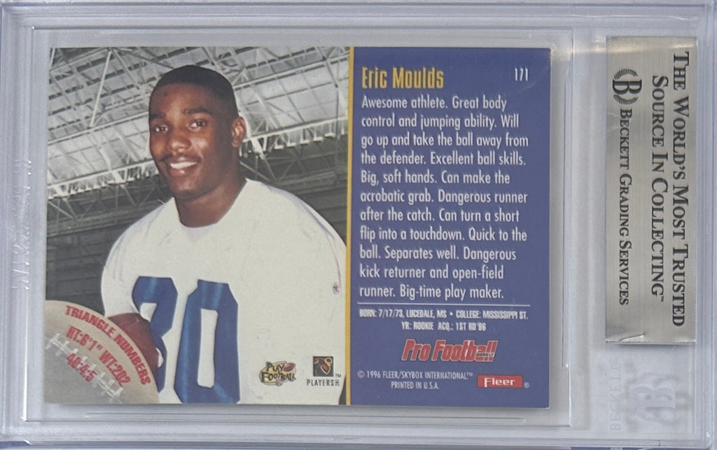 Eric Moulds autographed signed Skybox 1996 #171 Buffalo Bills BAS Encap RC