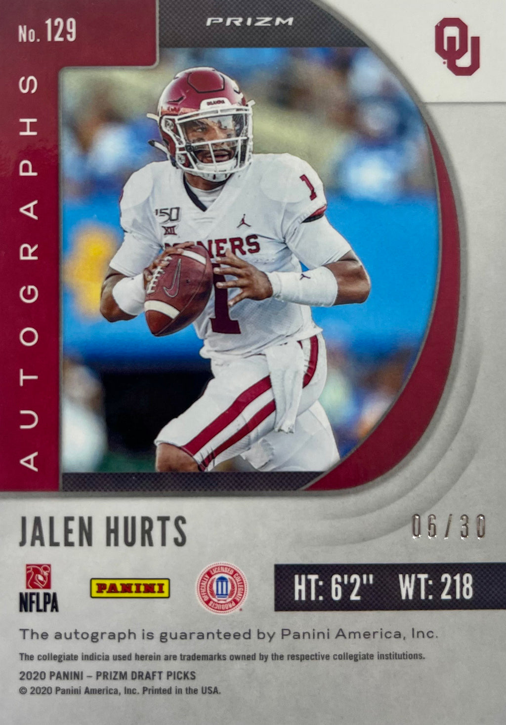 Jalen Hurts autographed signed card 2020 6/30 Panini NCAA Oklahoma Sooners RC