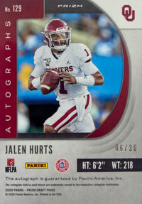Jalen Hurts autographed signed card 2020 6/30 Panini NCAA Oklahoma Sooners RC