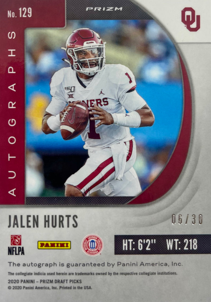 Jalen Hurts autographed signed card 2020 6/30 Panini NCAA Oklahoma Sooners RC
