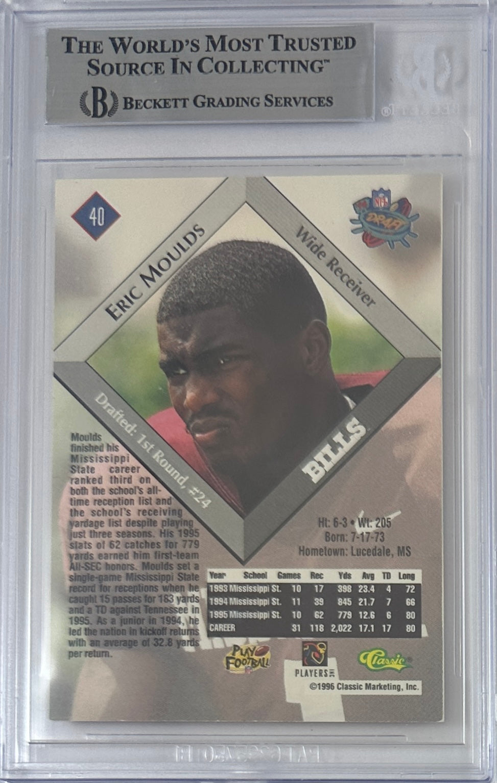 Eric Moulds autographed signed Player 1996 #40 Buffalo Bills BAS Encap RC