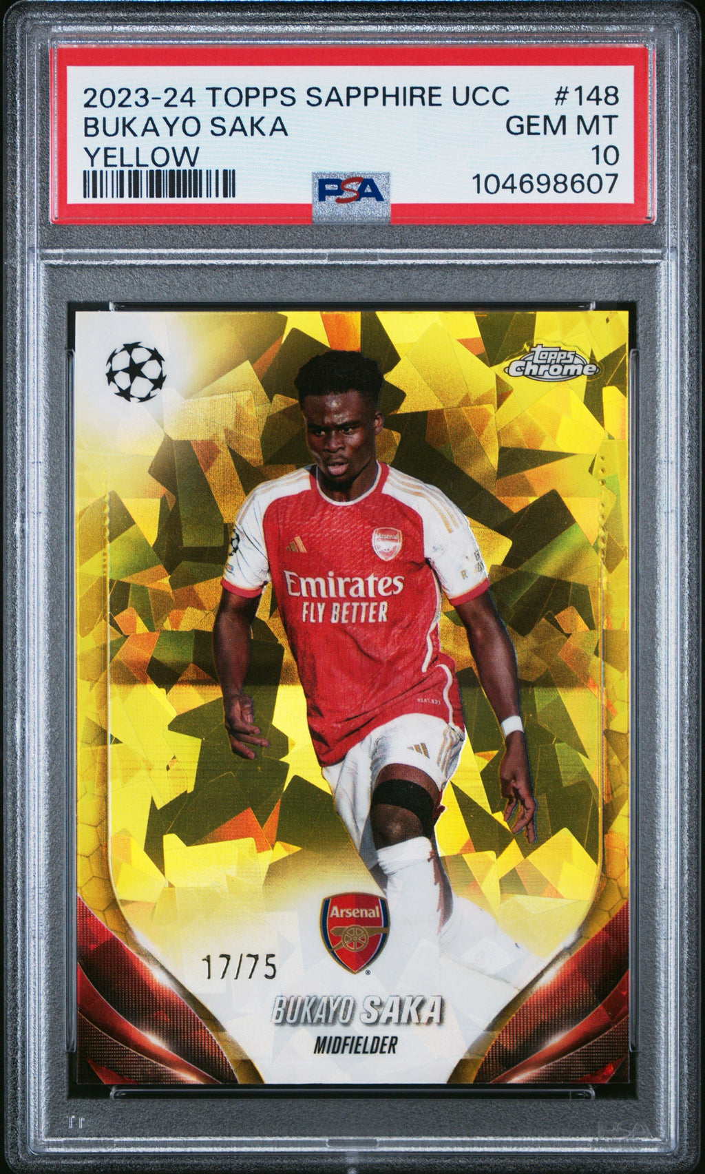 Bukayo Saka 2023-24 Topps Chrome Sapphire Yellow /75 PSA 10 #148