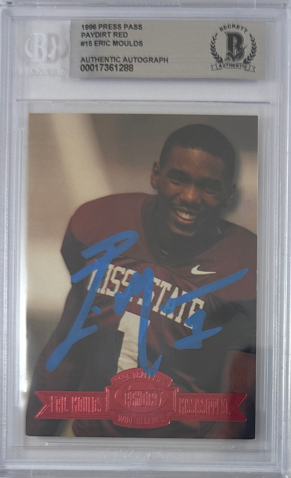 Eric Moulds autographed signed Press Pass 1996 #15 Buffalo Bills BAS Encap RC