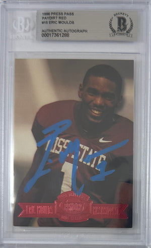Eric Moulds autographed signed Press Pass 1996 #15 Buffalo Bills BAS Encap RC