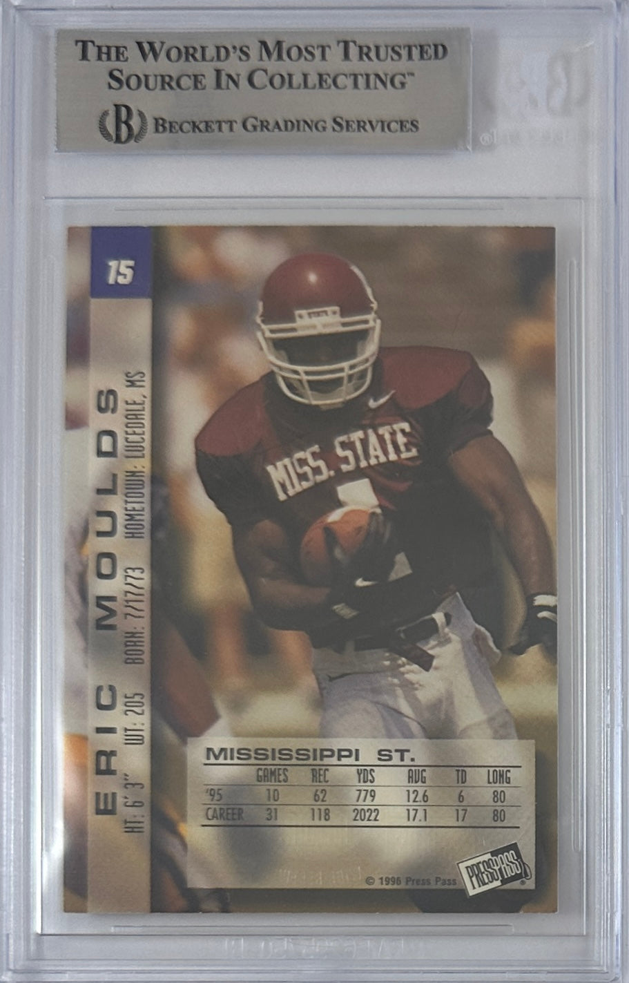Eric Moulds autographed signed Press Pass 1996 #15 Buffalo Bills BAS Encap RC