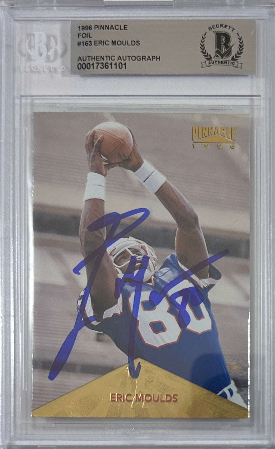 Eric Moulds autographed signed Pinnacle 1996 #163 Buffalo Bills BAS Encap RC
