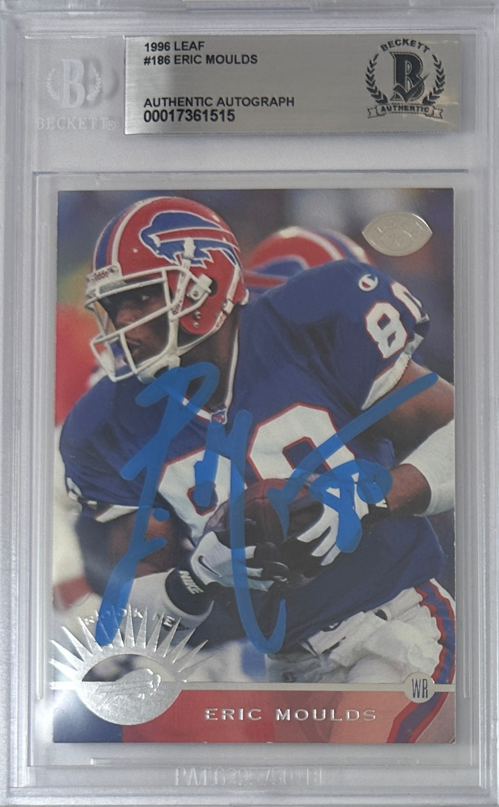 Eric Moulds autographed signed Donruss 1996 #186 Buffalo Bills BAS Encap RC