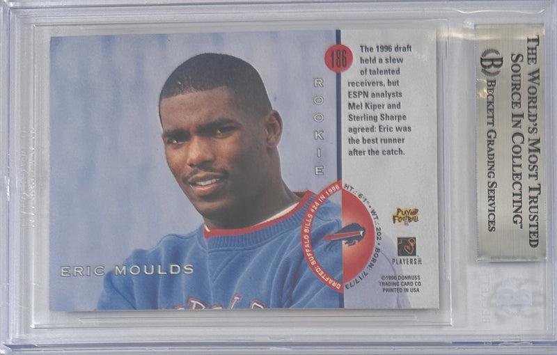 Eric Moulds autographed signed Donruss 1996 #186 Buffalo Bills BAS Encap RC