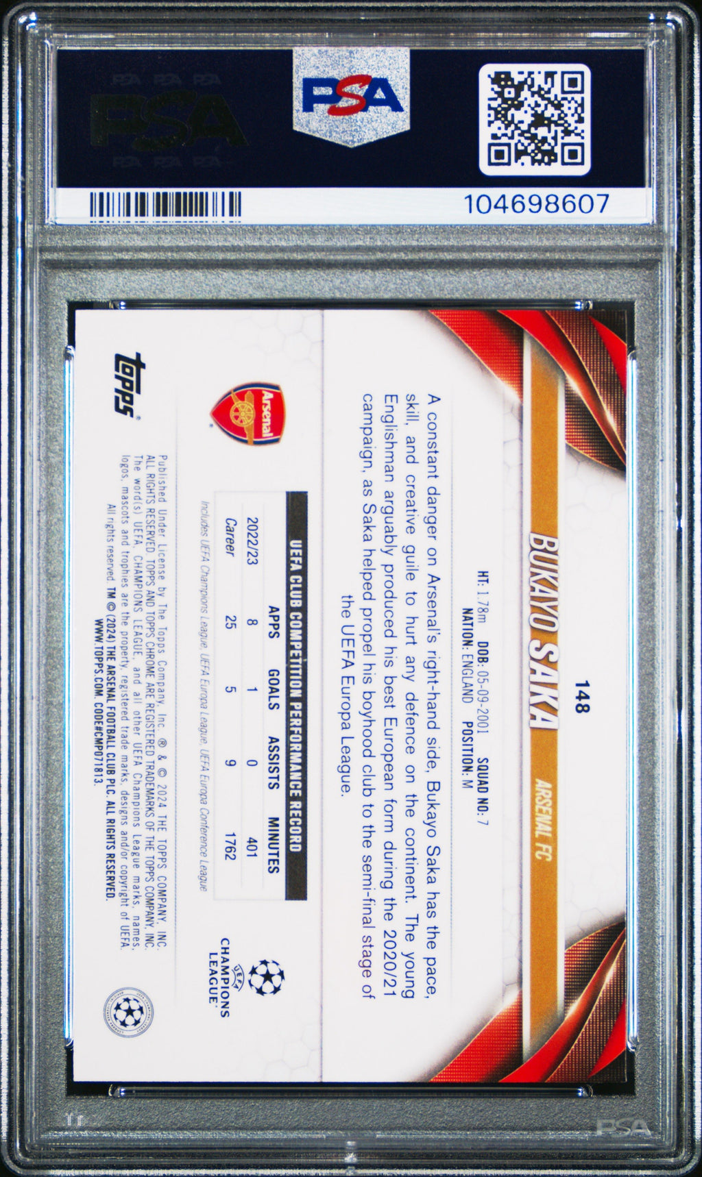 Bukayo Saka 2023-24 Topps Chrome Sapphire Yellow /75 PSA 10 #148