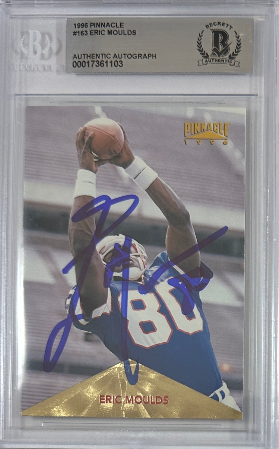 Eric Moulds autographed signed Pinnacle 1996 #163 Buffalo Bills BAS Encap RC