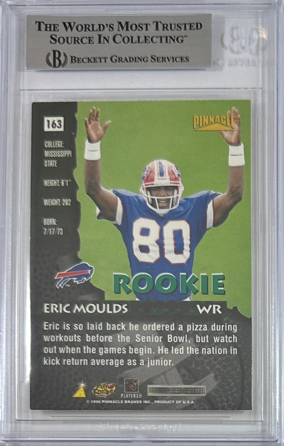 Eric Moulds autographed signed Pinnacle 1996 #163 Buffalo Bills BAS Encap RC