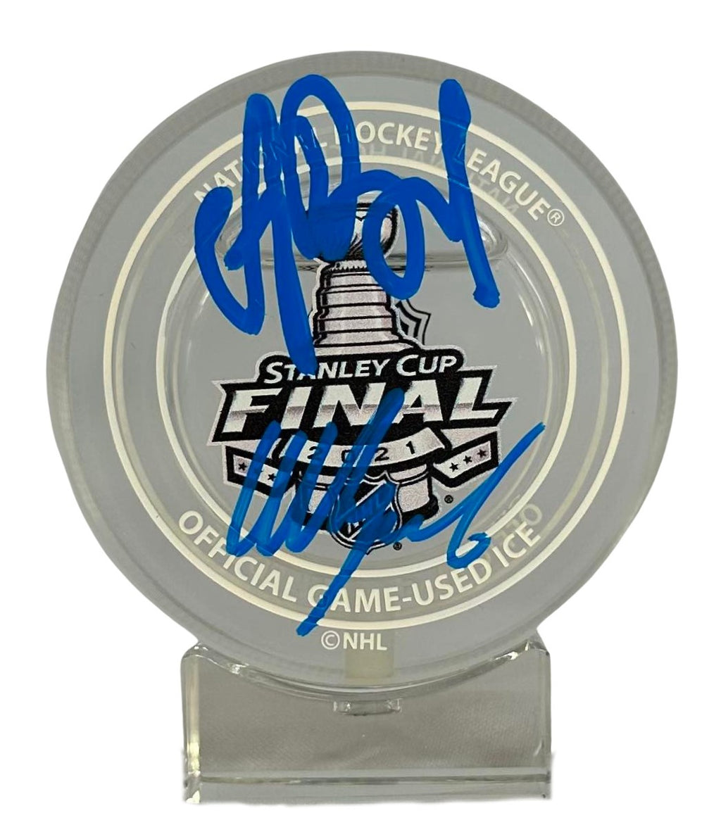 Andrei Vasilevskiy Nikita Kucherov signed Game Used Ice puck JSA COA Lightning