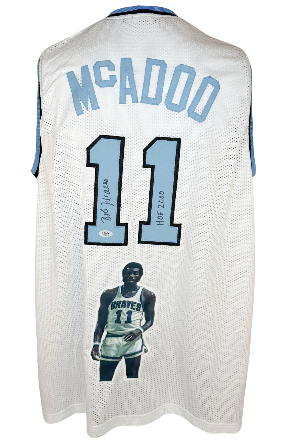 Bob McAdoo Signed Braves Blue Jersey With Basketball vs Celtics 8x10 Photo