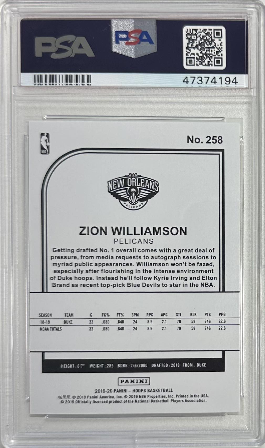 Zion Williamson 2019 NBA Hoops RC #258 PSA GEM MINT 10 New Orleans Pelicans