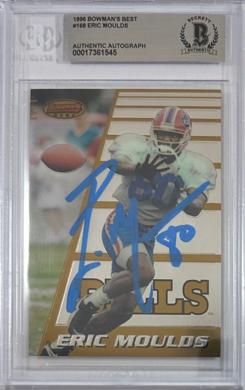 Eric Moulds autographed signed Topps 1996 #168 Buffalo Bills BAS Encap RC