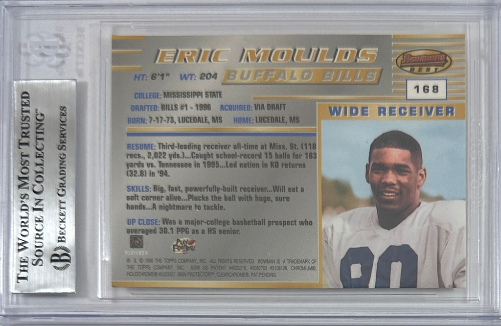Eric Moulds autographed signed Topps 1996 #168 Buffalo Bills BAS Encap RC