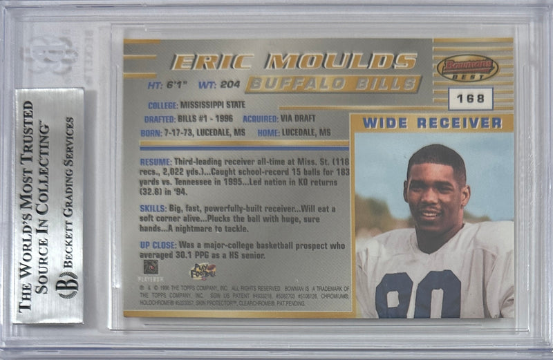 Eric Moulds autographed signed Topps 1996 #168 Buffalo Bills BAS Encap RC