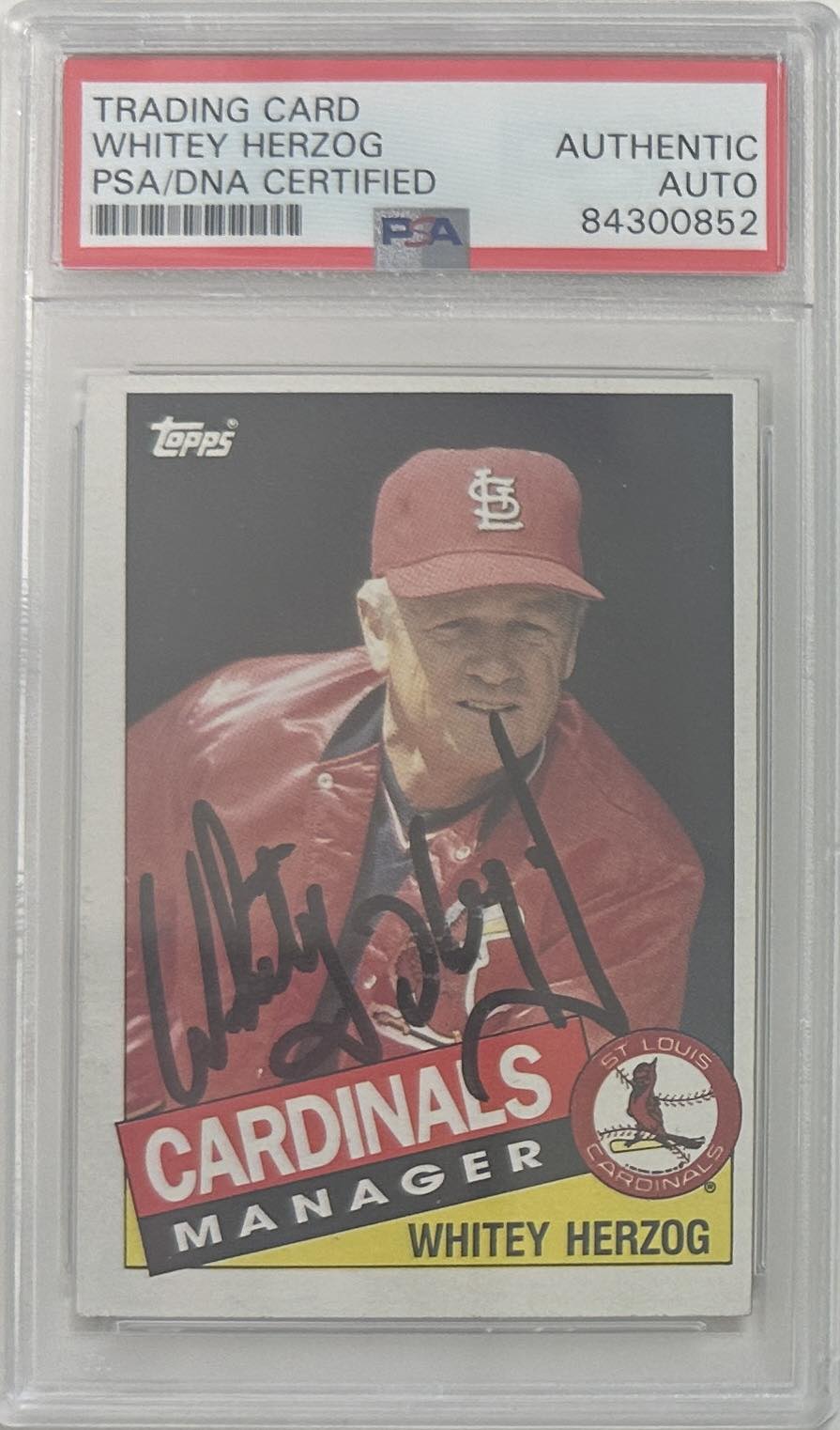 Whitey Herzog auto card 1985 Topps #683 MLB St Louis Cardinals PSA Encapsulated