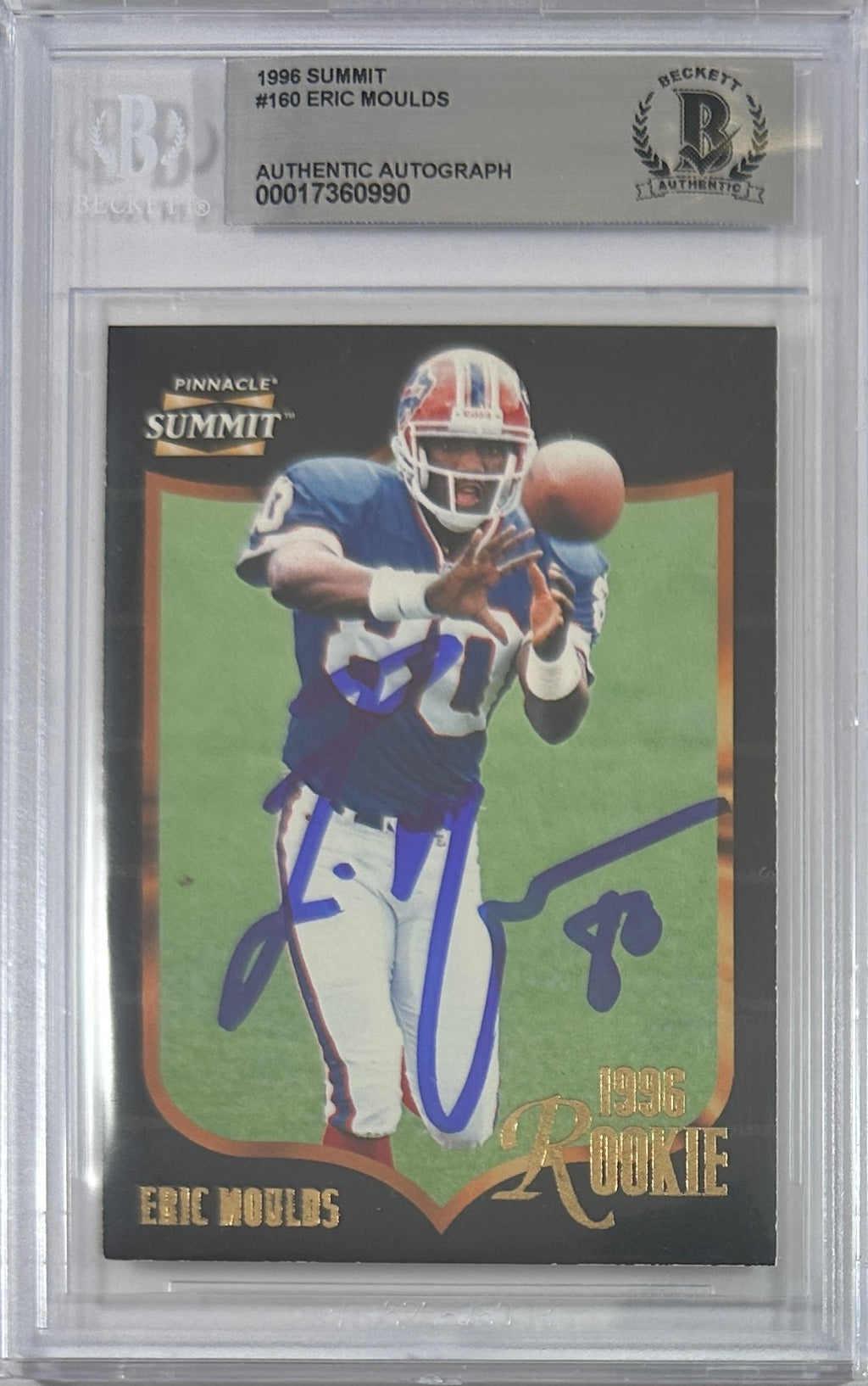 Eric Moulds autographed signed Pinnacle 1996 #160 Buffalo Bills BAS Encap RC