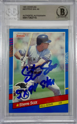 Steve Sax auto inscribed card 1990 Leaf #48 MLB New York Yankees BAS Encap