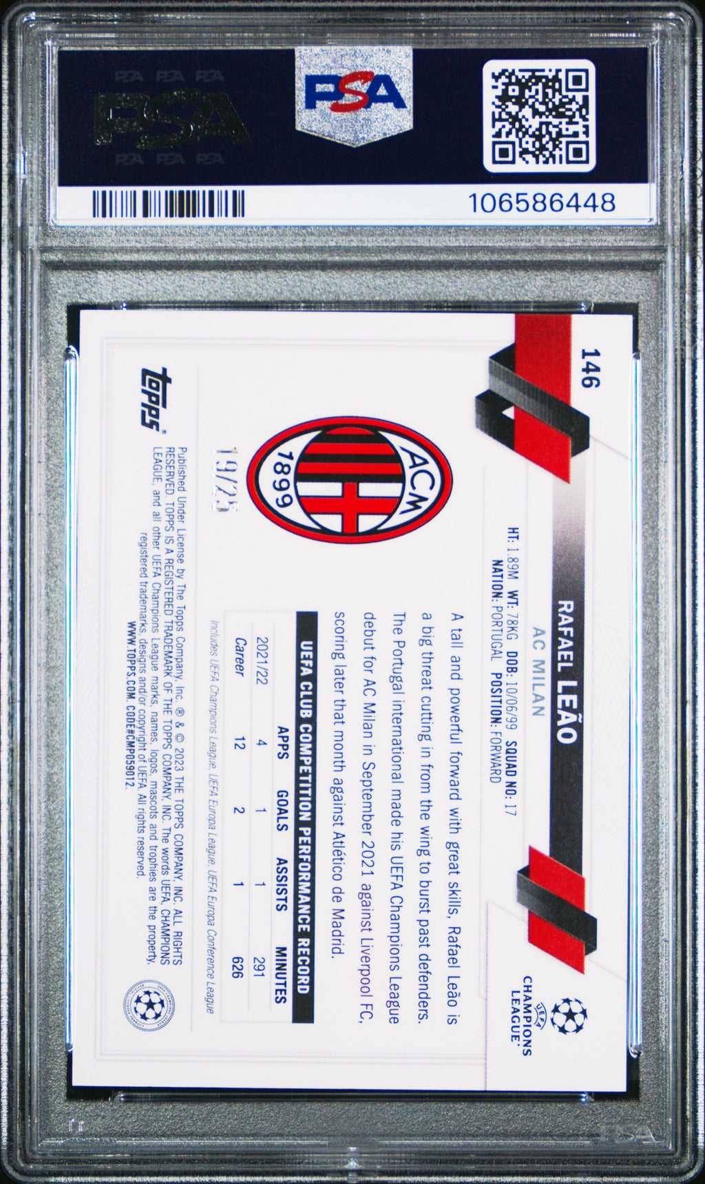 Rafel Leao 2022 Topps 1st Edition Orange PSA 9 /25 #146 UEFA