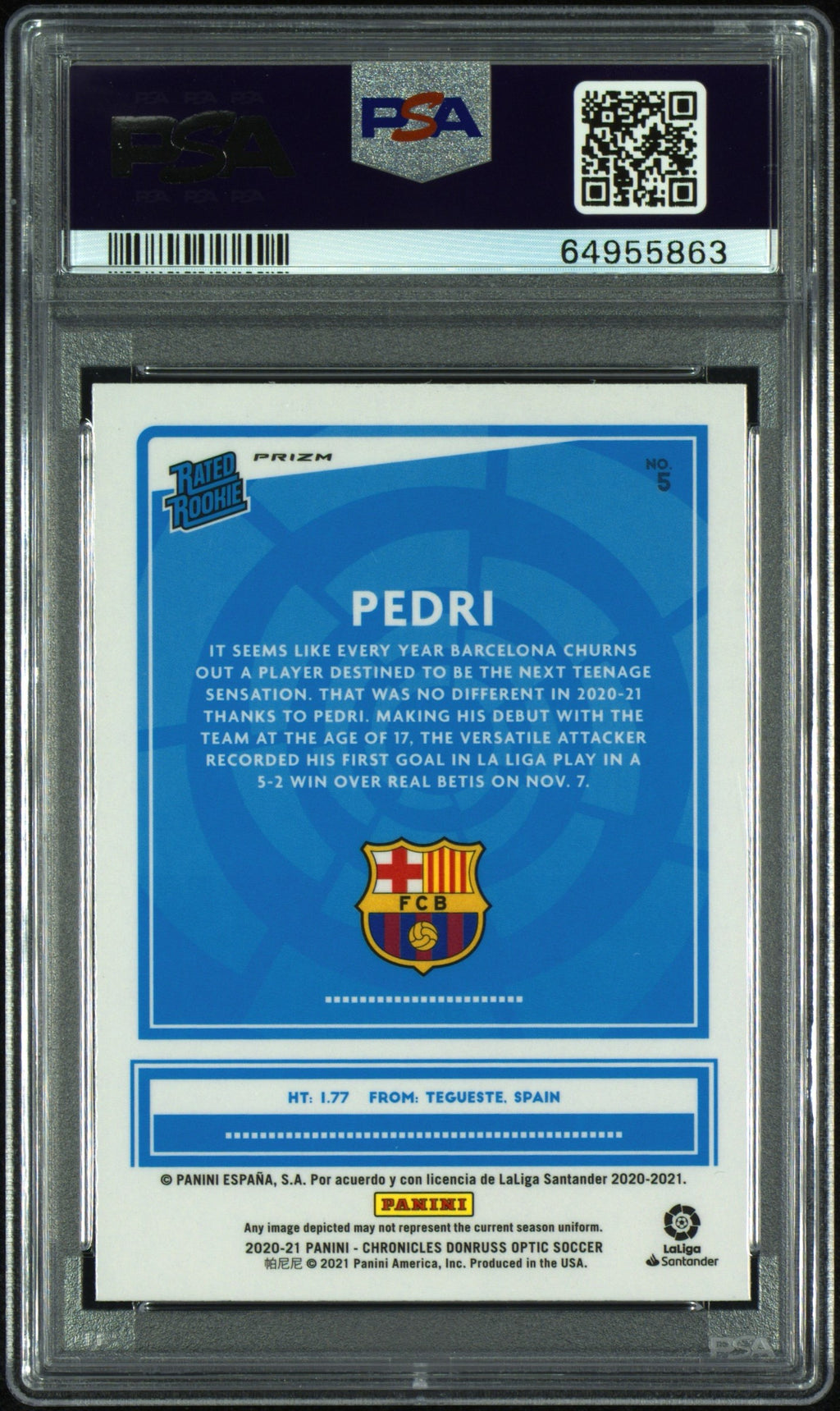 Pedri 2020-21 Panini RC Rated Rookie Chronicles Optic Purple Mojo PSA 9 #5