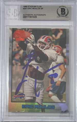 Eric Moulds autographed signed Pinnacle 1996 #347 Buffalo Bills BAS Encap RC