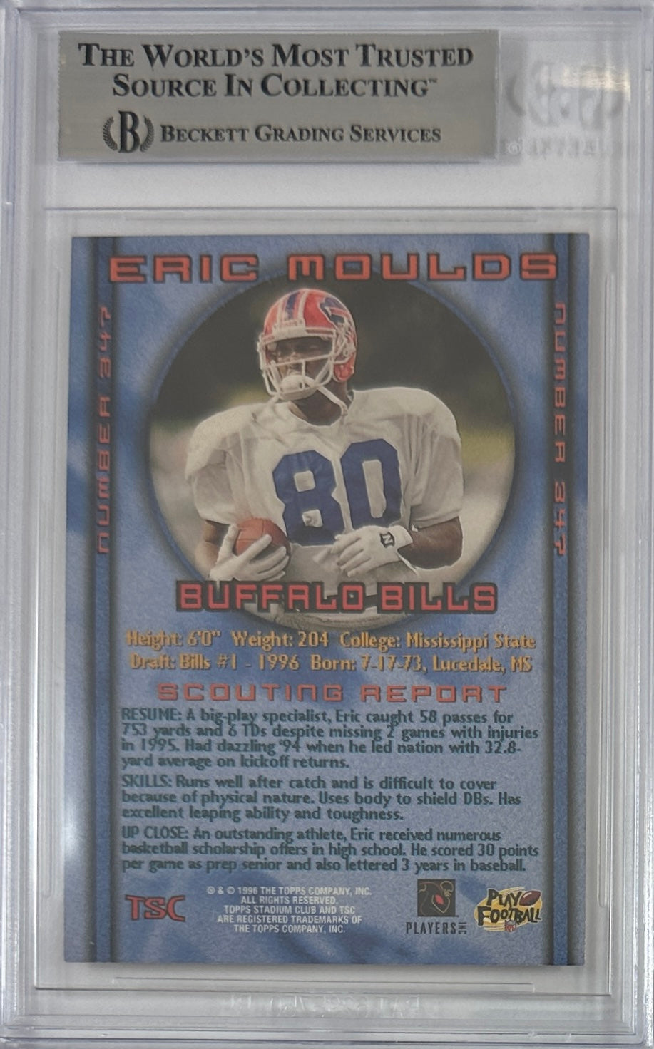 Eric Moulds autographed signed Pinnacle 1996 #347 Buffalo Bills BAS Encap RC