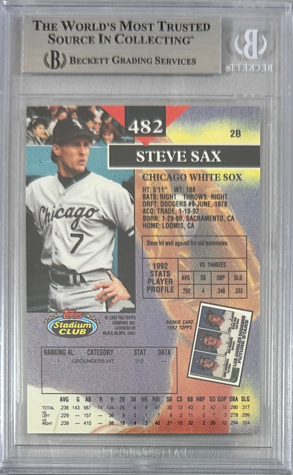 Steve Sax auto signed card 1993 Topps #482 MLB White Sox BAS Encap