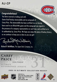 Carey Price autographed GU 2010 Upper Deck 8/25 card NHL Montreal Canadiens