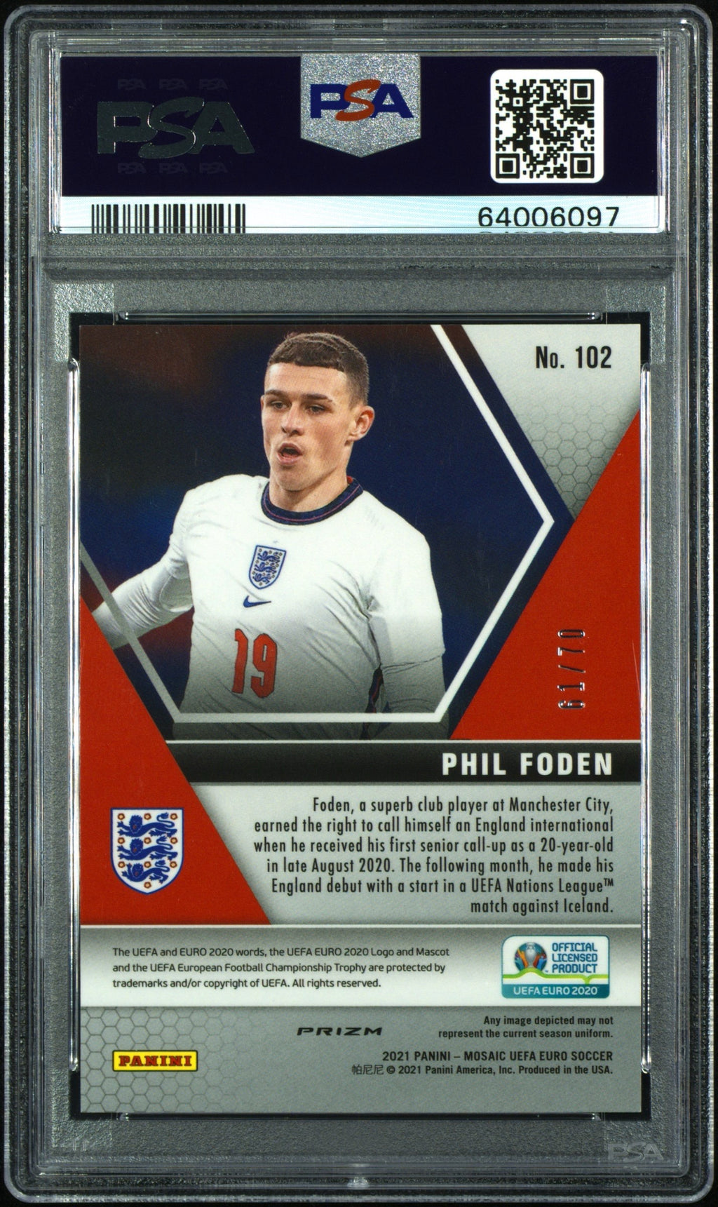 Phil Foden 2020 Panini Mosiac Purple Fluorescent /70 PSA 10 GEM MT