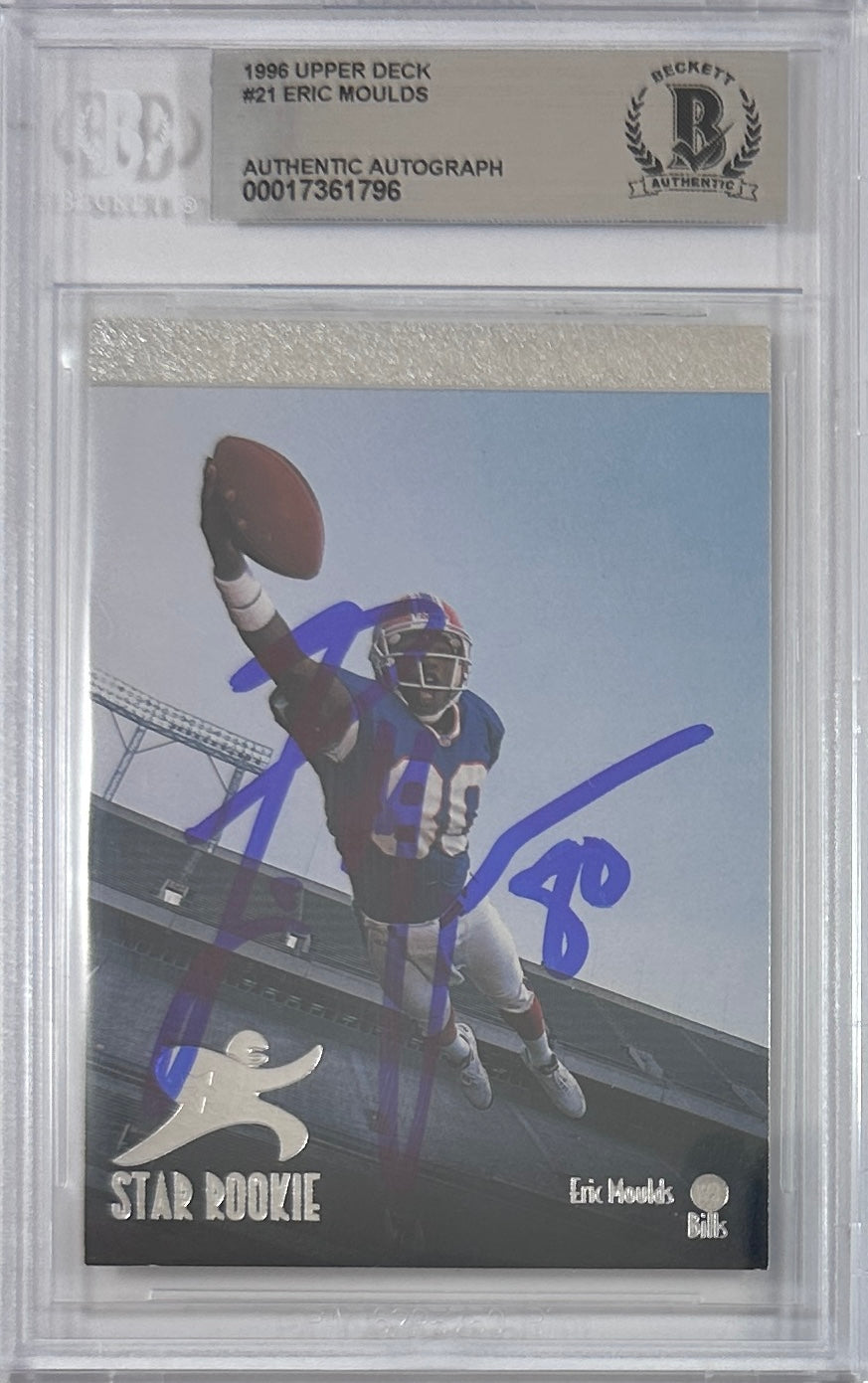 Eric Moulds autographed signed Pinnacle 1996 #21 Buffalo Bills BAS Encap RC