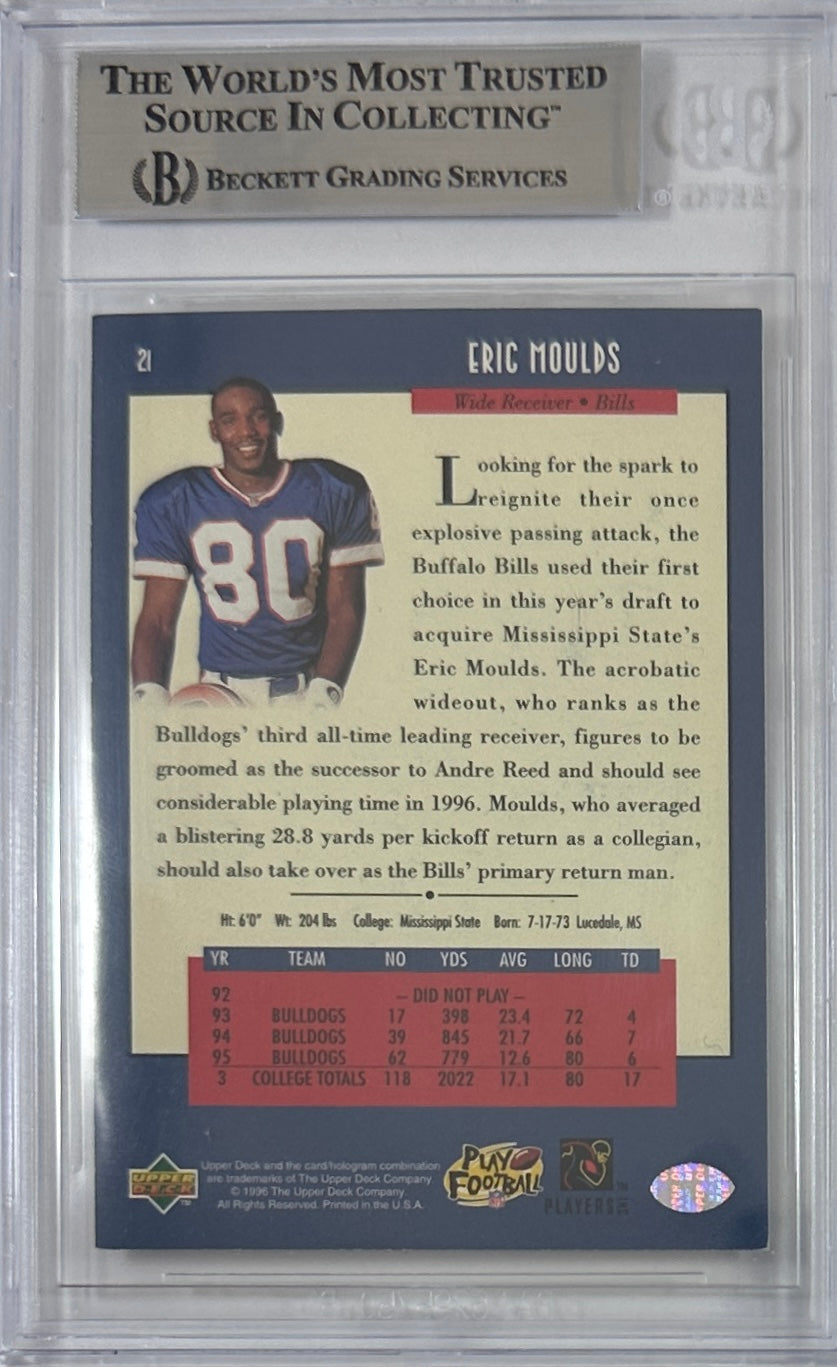 Eric Moulds autographed signed Pinnacle 1996 #21 Buffalo Bills BAS Encap RC